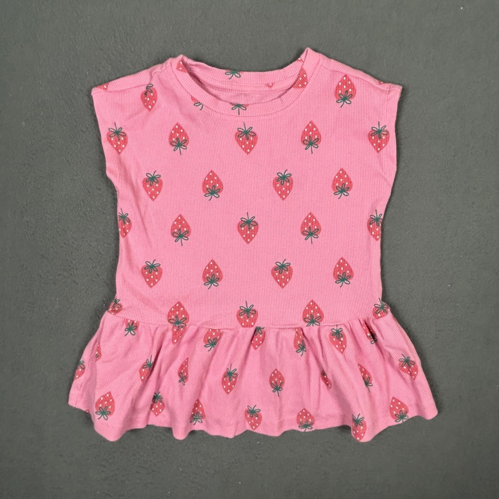 Cat & Jack Peplum Top Girls 5T Pink Strawberry Print Ribbed Knit Short Sleeve